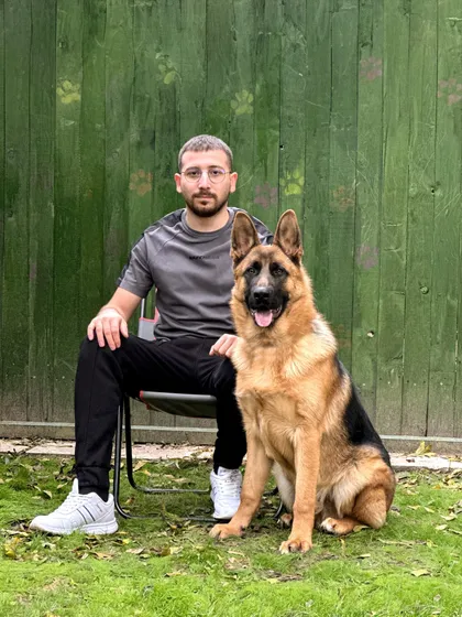 Yeşil ahşap çit önünde bir sandalyede oturan gözlüklü bir adamın yanında, dili dışarıda oturan kahverengi-siyah bir Alman çoban köpeğinin fotoğrafı
